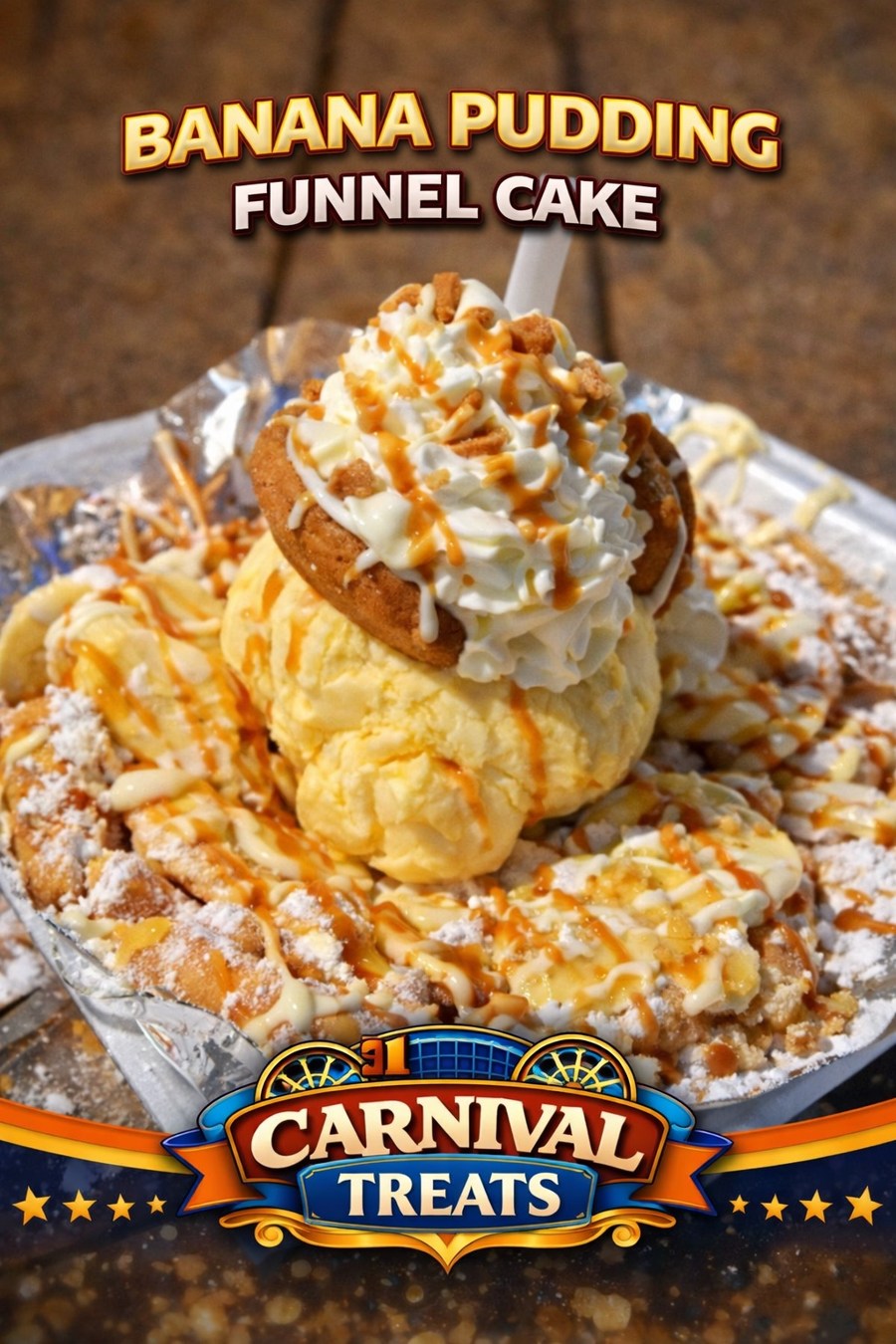 Banana Pudding Funnel Cake — Carnival Treats branded food photo