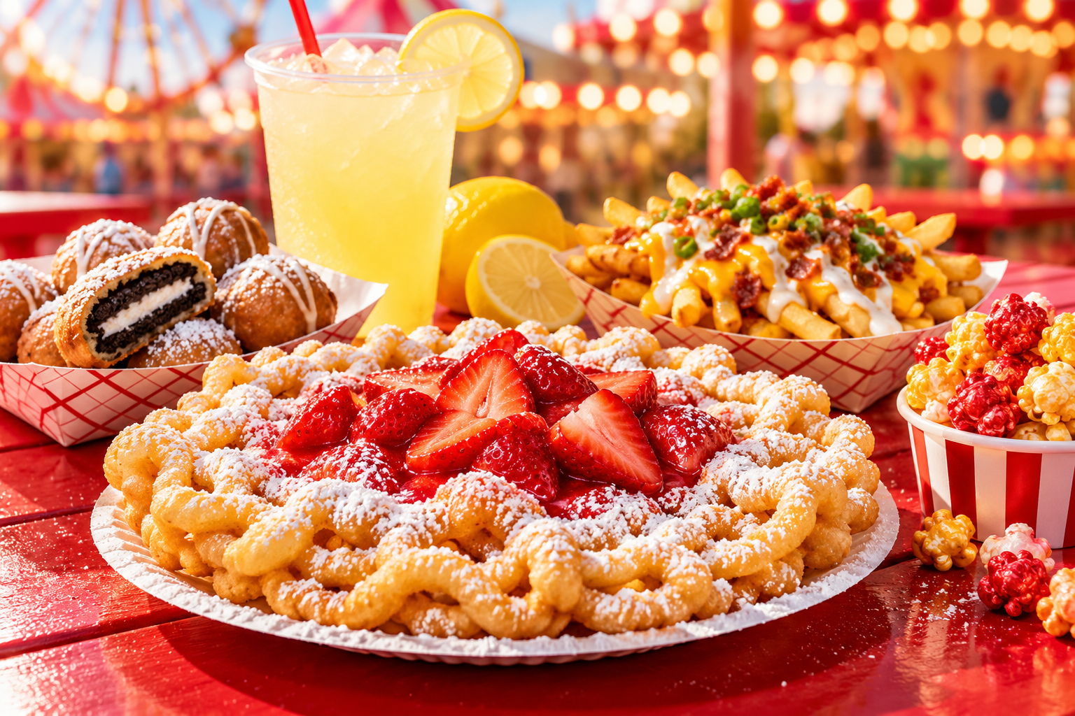 A carnival food spread with strawberry funnel cake, fried Oreos, lemonade, loaded fries, and popcorn
