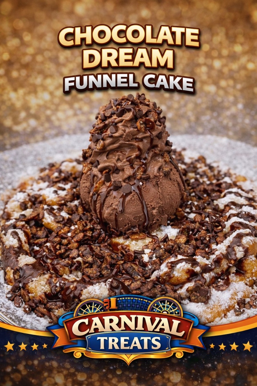 Chocolate Dream Funnel Cake — Carnival Treats branded food photo