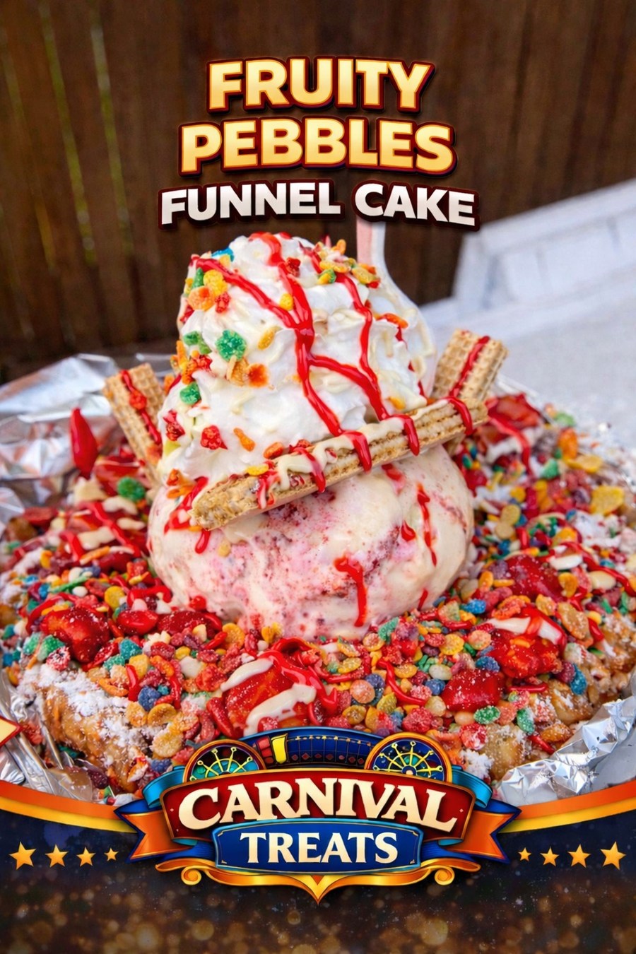 Fruity Pebbles Funnel Cake — Carnival Treats branded food photo