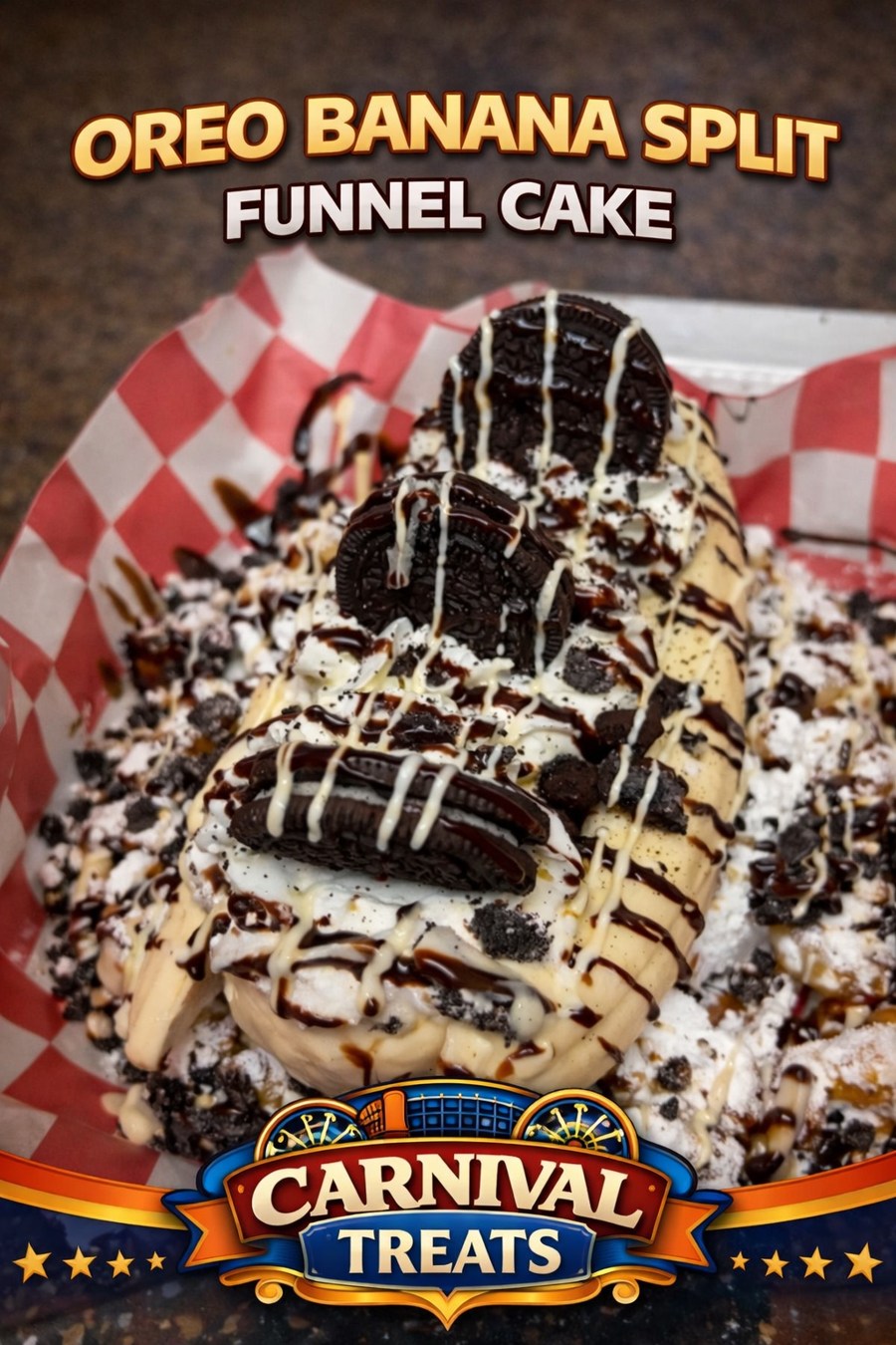 Oreo Banana Split Funnel Cake — Carnival Treats branded food photo